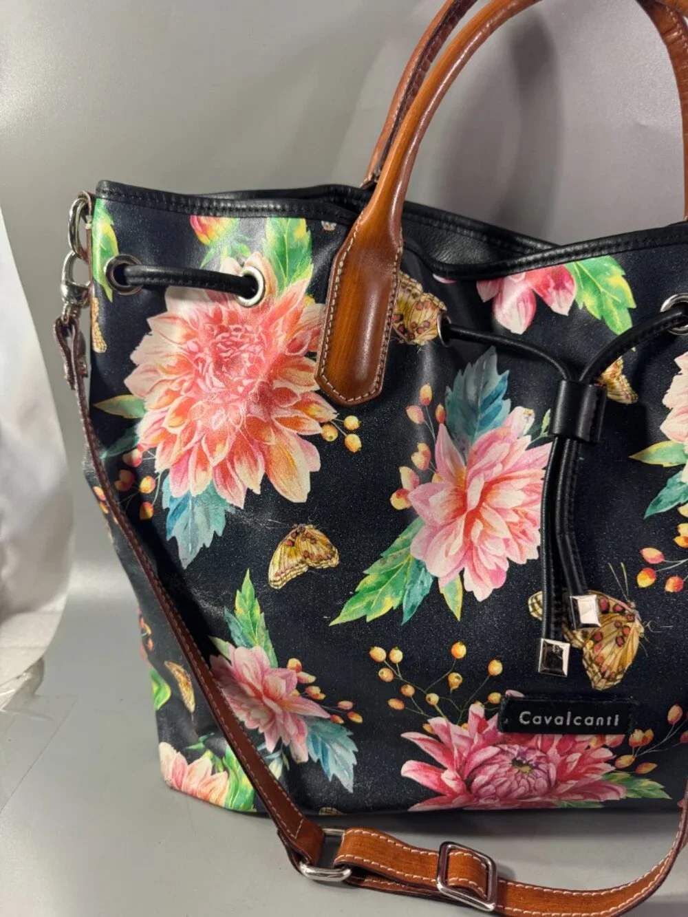 Cavalcanti Italian Black Leather Floral Spring Summer Drawstring Satchel Bag